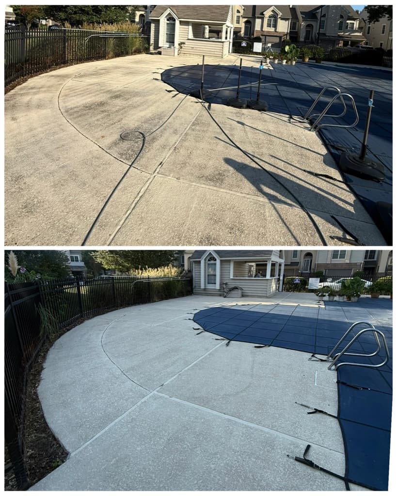 Community pool deck before and after pressure washing